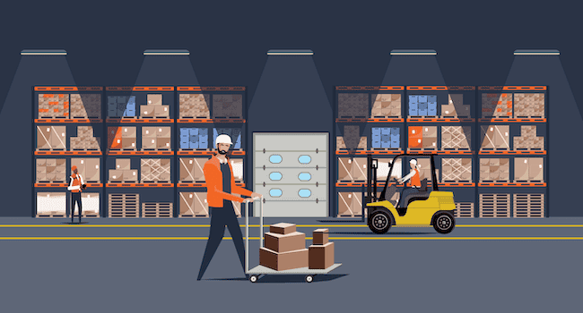 illustration of a worker pushing a pallet through a warehouse